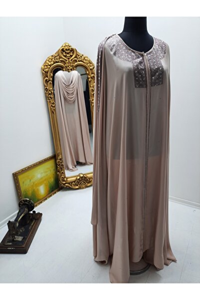 GigiTex Hijap Pembe Pudra rengi Özeltasarım Saten Taş Detaylı  Kapşonlu Abaya...