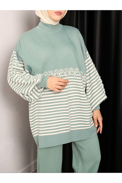 Modamorfo Süzene Embroidered Striped Knitwear Tunic -Mint