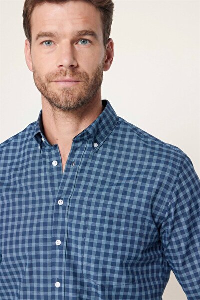 Tudors Erkek Regular Fit Klasik Kesim Düğmeli Yaka Küçük Kareli Pamuklu Gömlek