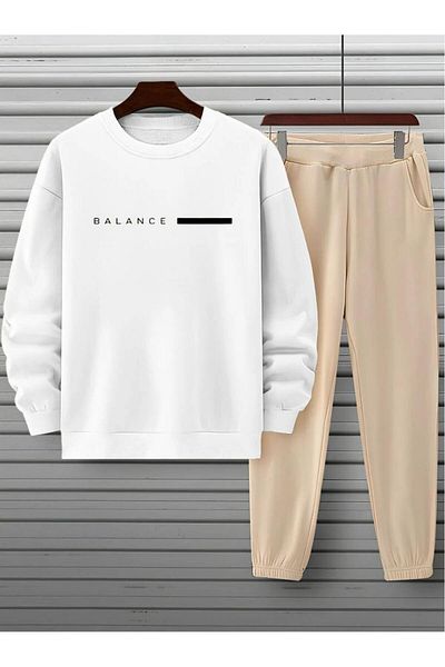 NO 601 Men's White Balance Printed Crew Neck Beige Tracksuit Set