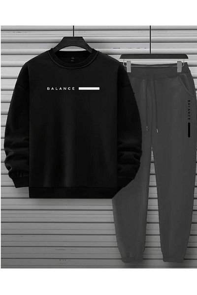 NO 601 Men's Black Balance Printed Crew Neck Nardogrey Tracksuit Set
