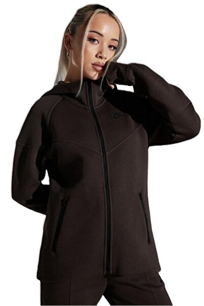 Nike Tech Fleece Windrunner суитшърт с качулка и цип отпред, кафяв Дамски суитшърт с качулка и цип отпред