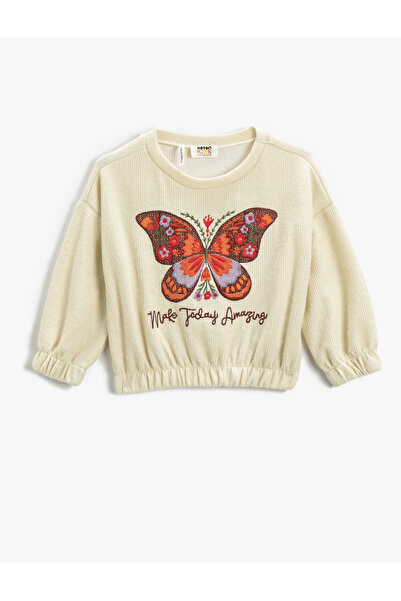 Koton Crop pulóver pillangós hímzéssel, bordázott, kerek nyakkivágással