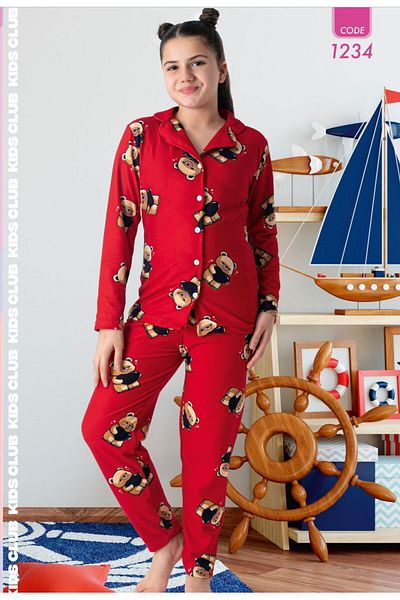 Modella Life Kids Red Cute Teddy Bear Print - Shirt Collar Cotton Suede Girls' Long Sleeve