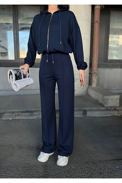 sportiness Hooded Zippered Wide Leg Modal Fabric Tracksuit Set