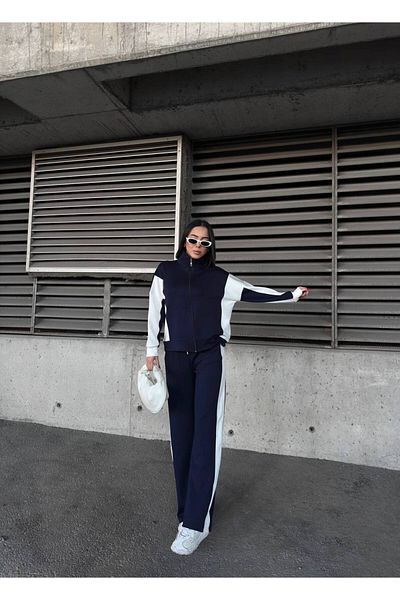 sportiness Wide Leg Modal Fabric Tracksuit Set with Overized Garnish Zipper