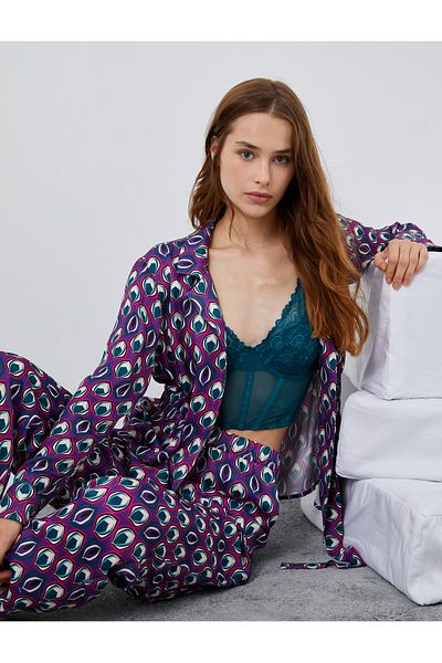 Koton Patterned Satin Pajama Top with Drawstring Waist and Pocket Detail