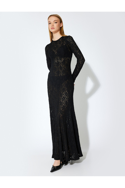 Koton X Sibil Çetinkaya - Uzun Kollu Slim Fit Transparan Dantelli Uzun Elbise