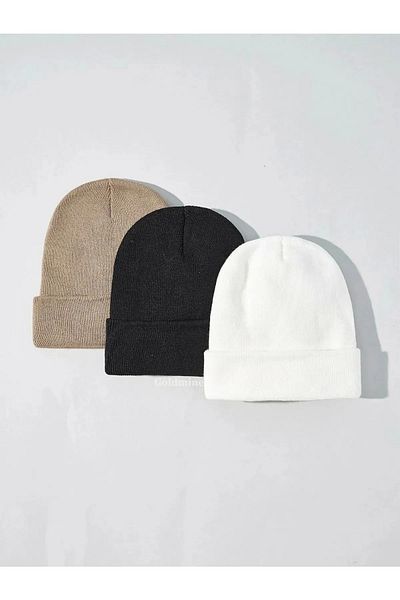 MinaCarin Unisex Folded Black and White and Stone 3-Piece Winter Beanie Set