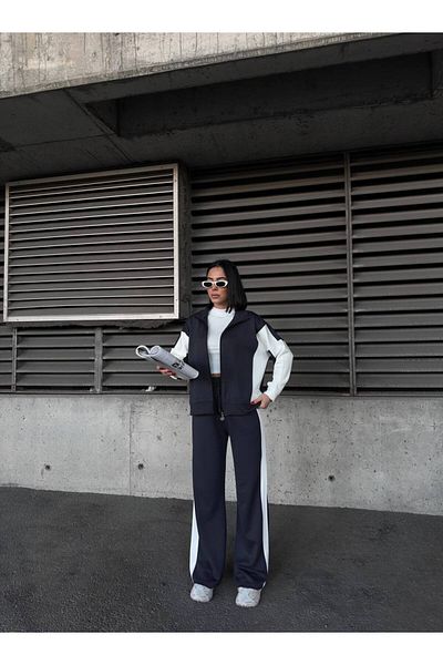sportiness Wide Leg Modal Fabric Tracksuit Set with Overized Garnish Zipper