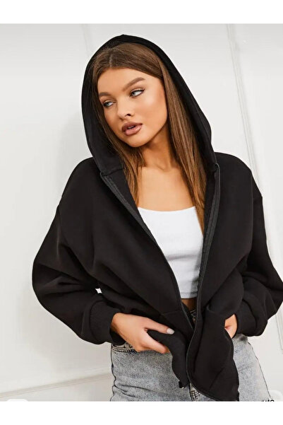 DEEPSENCE Unisex Siyah Kapüşonlu Ceket Kalın Kumaş Hırka