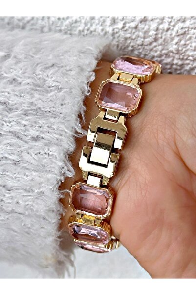 İSTLİV Gold -pembe Renk Taşlı Kadın Analog Kol Saati