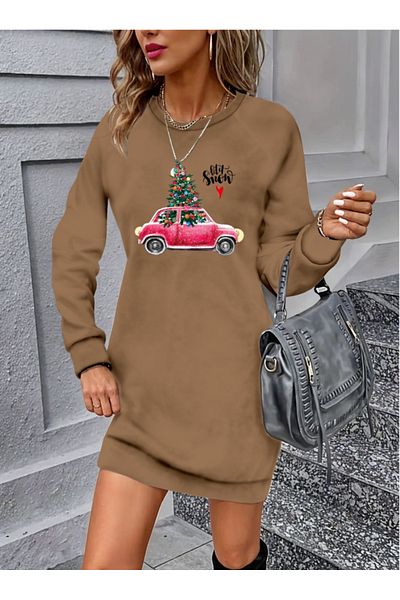Kokosh moda Γυναικείο μακρυμάνικο φόρεμα με λαιμόκοψη με στάμπα βισκόζης με δύο κλωστές