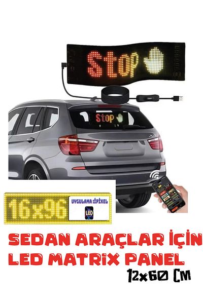 APEXİ App Controlled Led Panel Digital Display 60cm Adhesive to the Glass for Sedan Type Vehicles