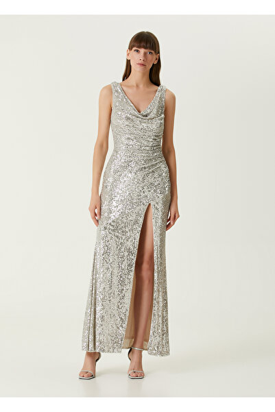 Aidan Mattox Silver İşlemeli Maksi Abiye Elbise