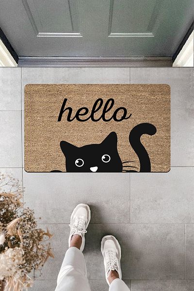 Dormot Home High Quality Digital Printing Hello Door Front Mat with Black Cat