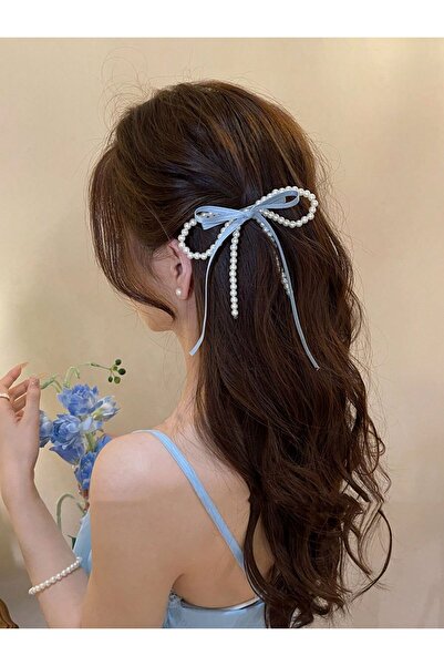 modernist Kadın Inci Detay Mavi Kurdele Toka