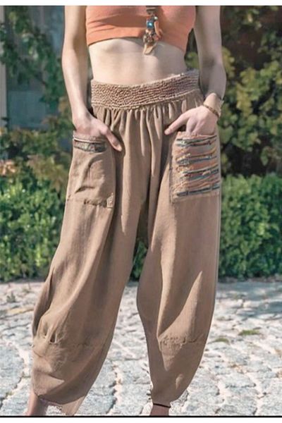 pier moda Bohemian Style Embroidered Linen Baggy Trousers - Earth Brown Color, Yoga Cut