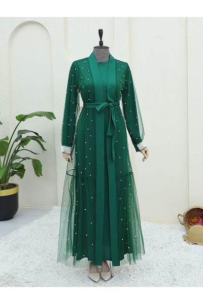 Modamorfo Abaya dublă verde - Detaliu perlat și cu centură