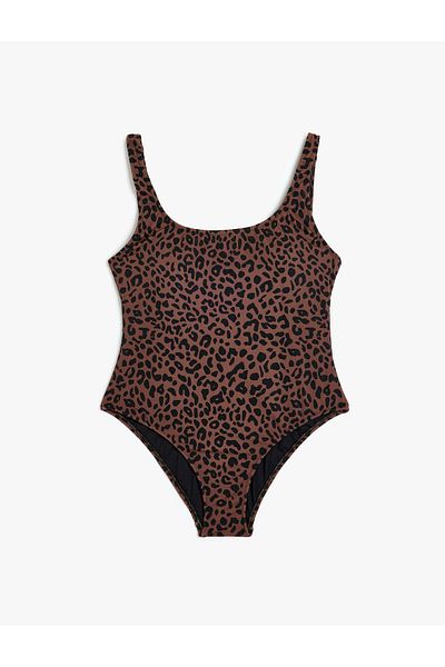 Koton Μαγιό Leopard με χοντρό λουράκι U λαιμόκοψη