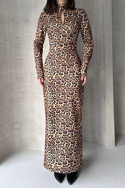 Fav Style Beige Women's Long Dress - Stand Collar and Leopard Print Cut Out Detail