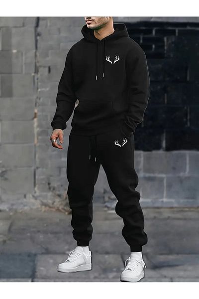 Elfa Tekstil Deer Horns Printed Unisex Hooded Tracksuit Set