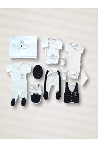 P Parla Super Prince Embroidered 100% Cotton Antibacterial 10-Piece Bodysuit Set Hospital Release - Newborn