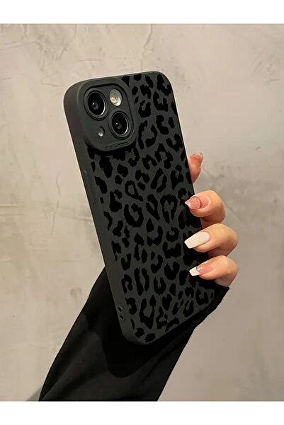 KVK PRİVACY İphone 13-14 Uyumlu Kılıf Mat Siyah Leopar Desenli Darbelere Dayanıklı Yumuşak Kamera Korumalı Kapak
