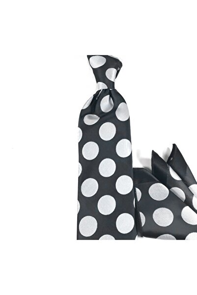 Sade Kravat Siyah Gri Puantiyeli Mendilli Kravat 29779 Siyah