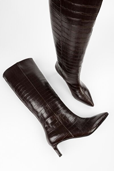 Shoeberry Women's Blaze Brown Crocodile Short Pointed Heeled Boots