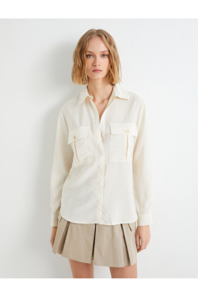 Koton Uzun Kollu Gömlek Cepli Düğmeli Viskon Karışımlı