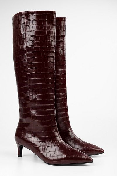 Shoeberry Γυναικείες μπότες Blaze Burgundy Crocodile με κοντό τακούνι