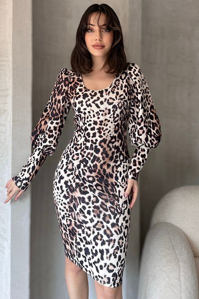 Fav Style Κοντό γυναικείο φόρεμα σε κρεμ χρώμα με λεοπάρ στάμπα με λαιμόκοψη με μπαλόνι