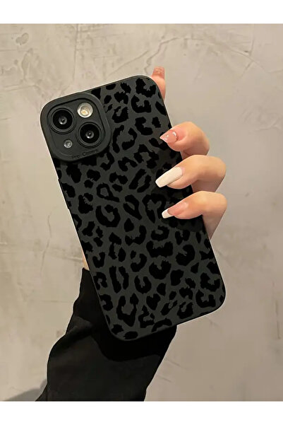 KVK PRİVACY İphone 13-14 Uyumlu Kılıf Mat Siyah Leopar Desenli Darbelere Dayanıklı Yumuşak Kamera Korumalı Kapak