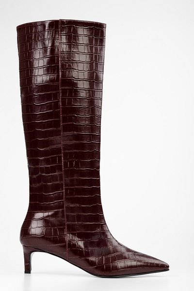 Shoeberry Γυναικείες μπότες Blaze Burgundy Crocodile με κοντό τακούνι