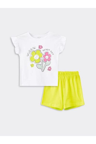 LC Waikiki Lcw Baby Ecru Crew Neck Baby Girl Pajama Set with Shorts