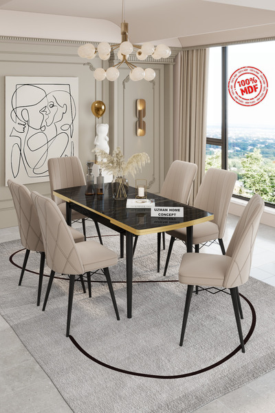 UZMHOME Açılabilir Yemek Masası Takımı Mdf Masa Takımı Siyah Mermer Desenli Yemek Masası 6 Sandalyeli