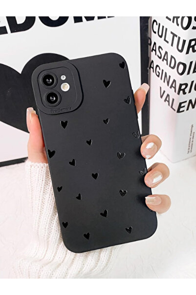 KVK PRİVACY İphone 12 Uyumlu Kılıf Mat Siyah Kalp Desenli Darbelere Dayanıklı...