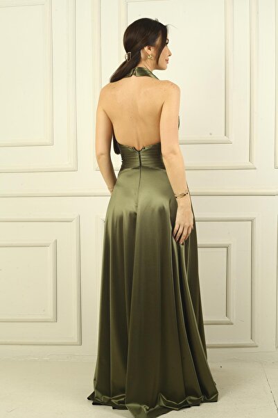 By Saygı Kadın V Yaka Sırt Dekolteli Üstü Piliseli Örme Saten Uzun Elbise