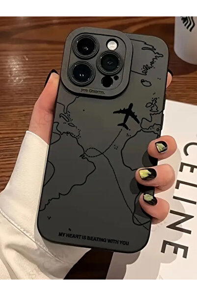 KVK PRİVACY İphone 15 Pro Max Uyumlu Kılıf Mat Siyah Harita Desenli Yumuşak K...