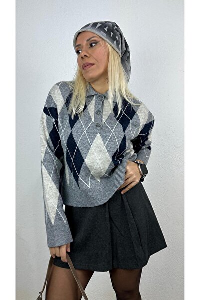 NUNU365COM Nunu By Cozy Polo Yaka Gri Küçük Baklavalı Kolej Kazak