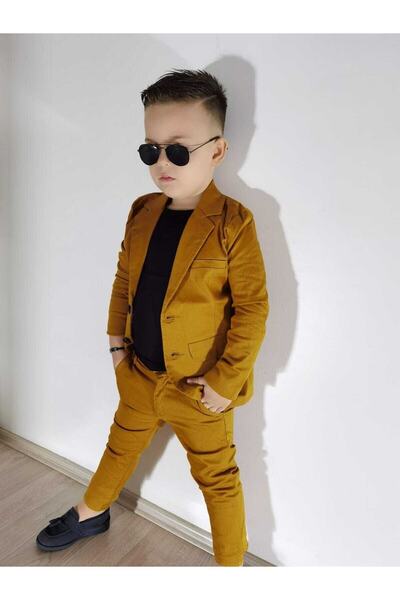 Burçak Kids Burçak Boutique Boys' Mustard Color Trousers / Jackets / T-Shirts 3-Piece Combination