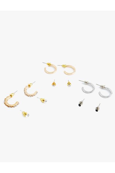 Koton Set of 6 Ball and Hoop Earrings - Stone Detailed