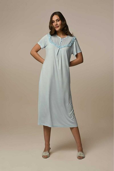 CT MODA Set de cămașă de noapte pentru femei, albastru, dantelă, design special, 100% bumbac