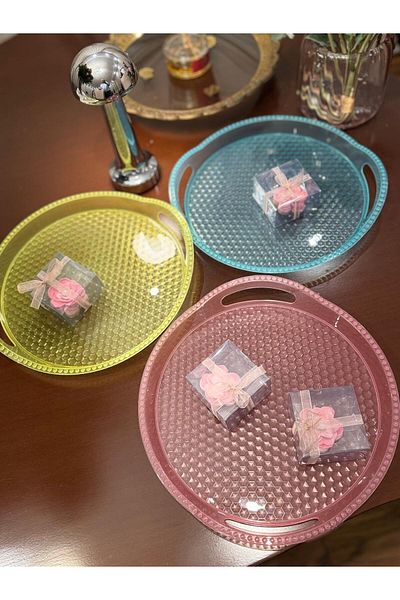 Minty Life 3 Pcs Monocrystalline Presentation Tray - Pink,Yellow,Turquoise Round Party Christmas