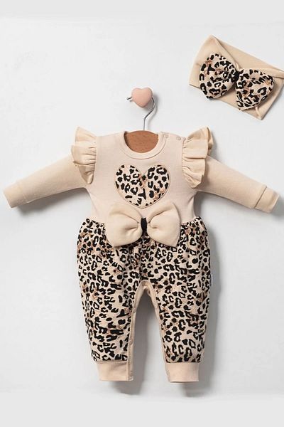 BEBEK STİLİ Leopard Print Bow 100% Cotton Baby Girl Romper