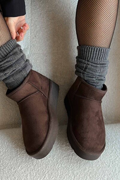 rumgay Kadın Kalın Taban İçi Kürklü Yarım Günlük Trend Bot Tefis Acı Kahve