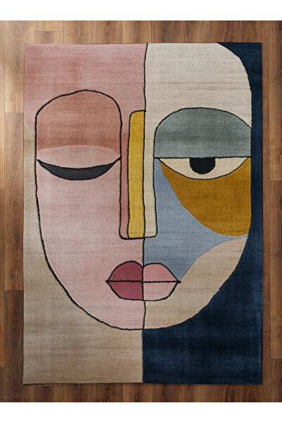 Rugs Modern Halı Musé Yüz Temalı Pastel Renkli Bej Modern Dokuma Taban Dekora...