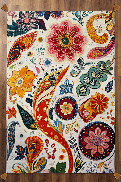 Rugs Modern Halı Musé Bej Çok Renkli Çiçekli Püsküllü Dokuma Taban Dekoratif ...