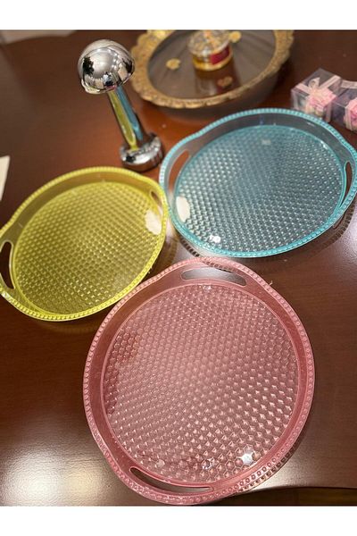 Minty Life 3 Pcs Monocrystalline Presentation Tray - Pink,Yellow,Turquoise Round Party Christmas